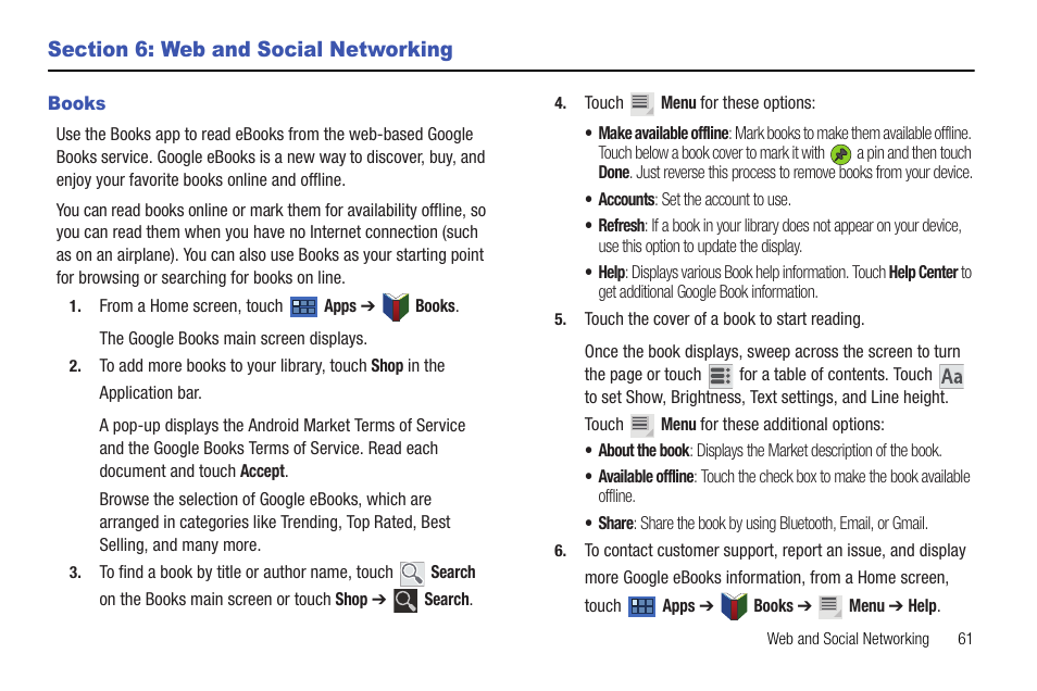 Section 6: web and social networking, Books, S. for more information, refer to “books” on | Samsung Galaxy Tab 8.9 User Manual | Page 65 / 188