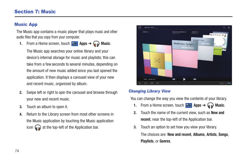 Section 7: music, Music app | Samsung Galaxy Tab 8.9 User Manual | Page 78 / 188