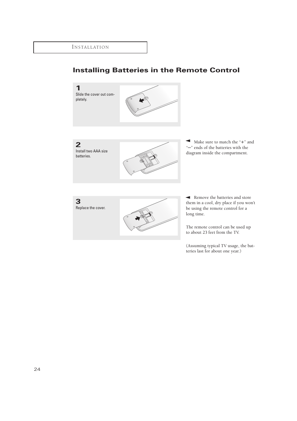 Installing batteries in the remote control | Samsung TXN2771HF/TXN3071WHF User Manual | Page 24 / 80