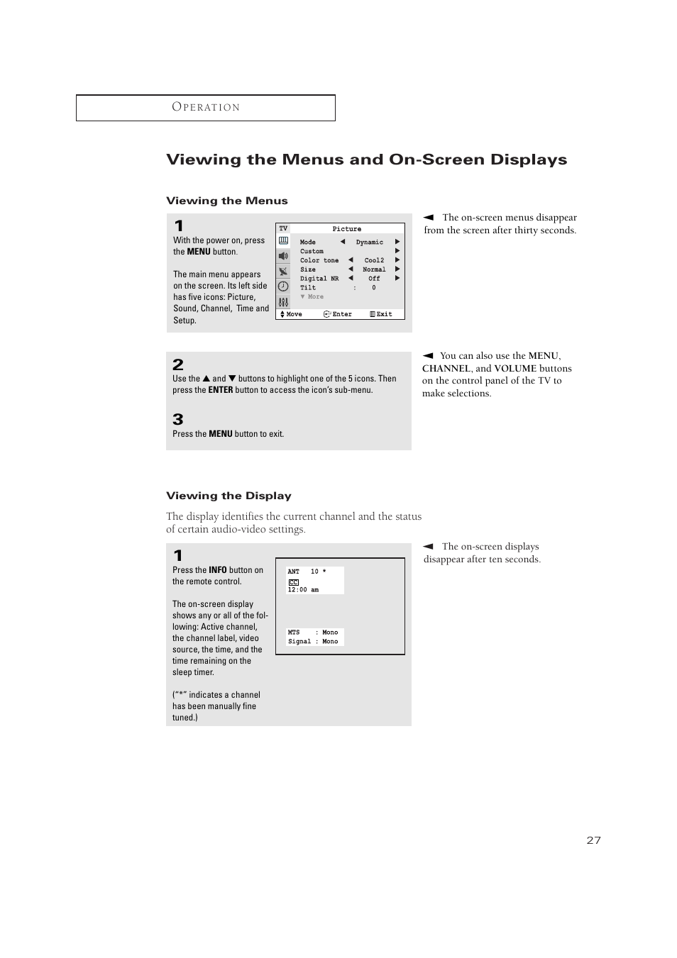 Viewing the menus and on-screen displays | Samsung TXN2771HF/TXN3071WHF User Manual | Page 27 / 80