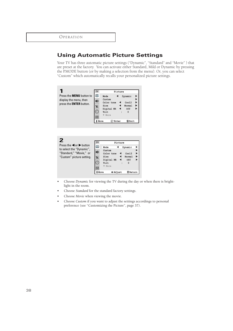 Using automatic picture settings | Samsung TXN2771HF/TXN3071WHF User Manual | Page 38 / 80