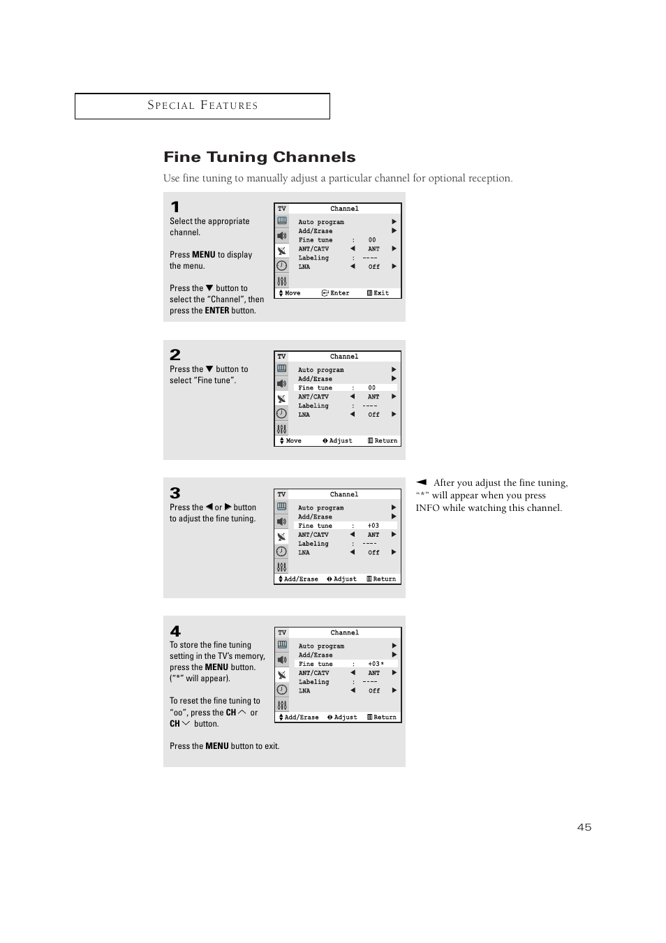 Fine tuning channels | Samsung TXN2771HF/TXN3071WHF User Manual | Page 45 / 80