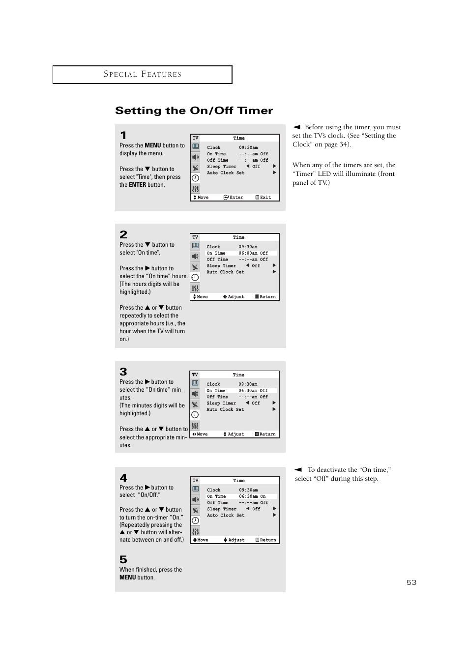 Setting the on/off timer | Samsung TXN2771HF/TXN3071WHF User Manual | Page 53 / 80