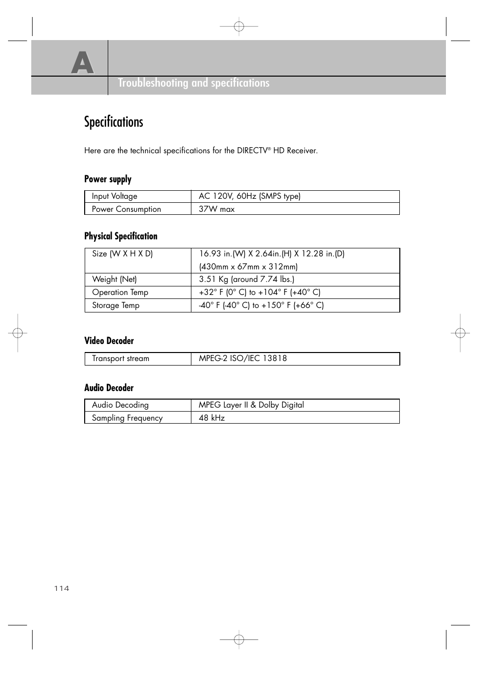 Specifications | Samsung SIR-TS360 User Manual | Page 114 / 116