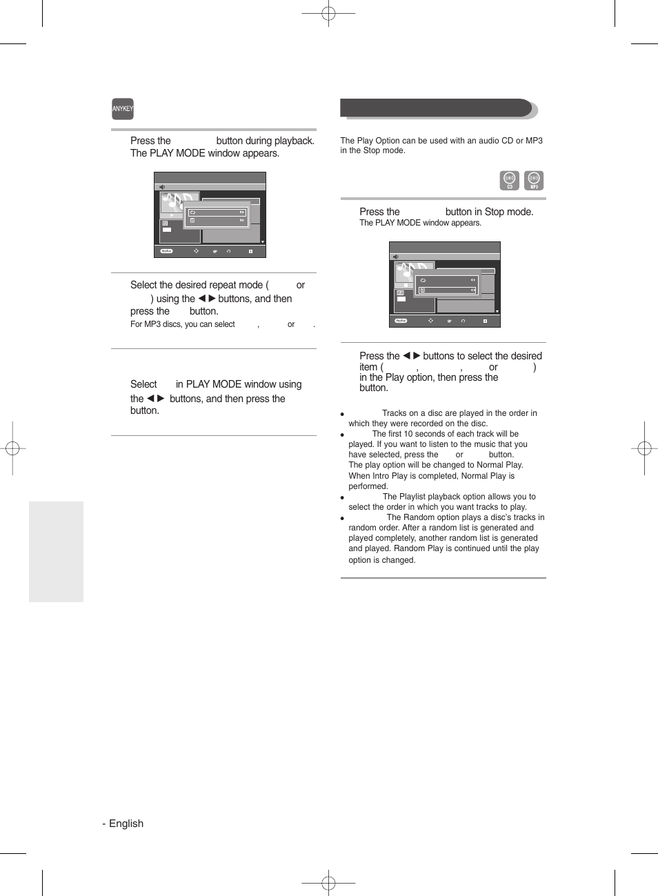 Using the, Using the anykey anykey button button, Play option mode | English, Press the anykey button in stop mode | Samsung DVD-R135 User Manual | Page 60 / 90