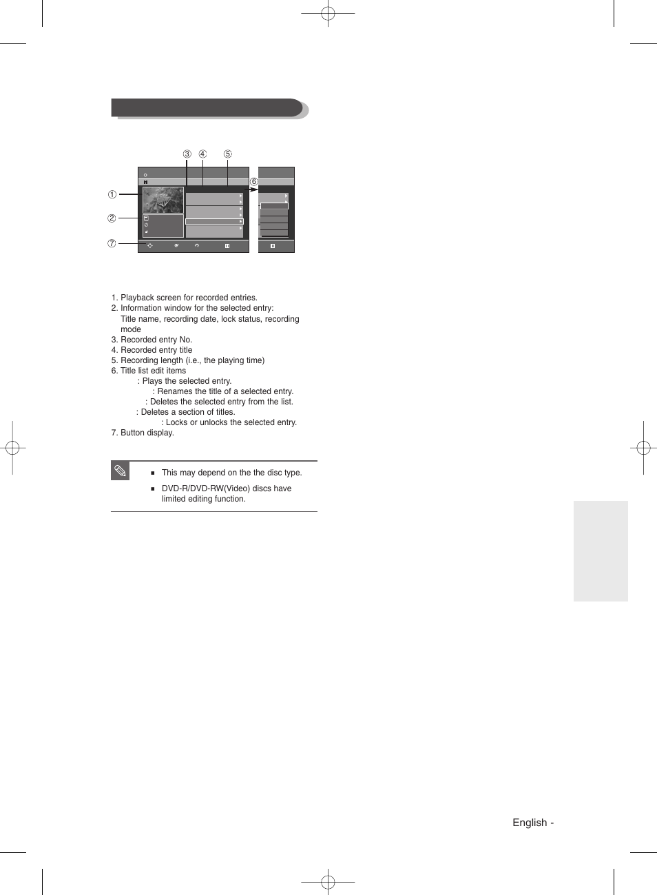 Title list screen elements, English, Playback | This may depend on the the disc type | Samsung DVD-R135 User Manual | Page 65 / 90