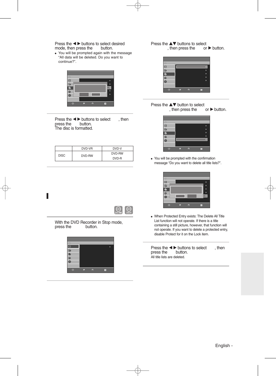Delete all title lists, English, Editing | Samsung DVD-R135 User Manual | Page 81 / 90