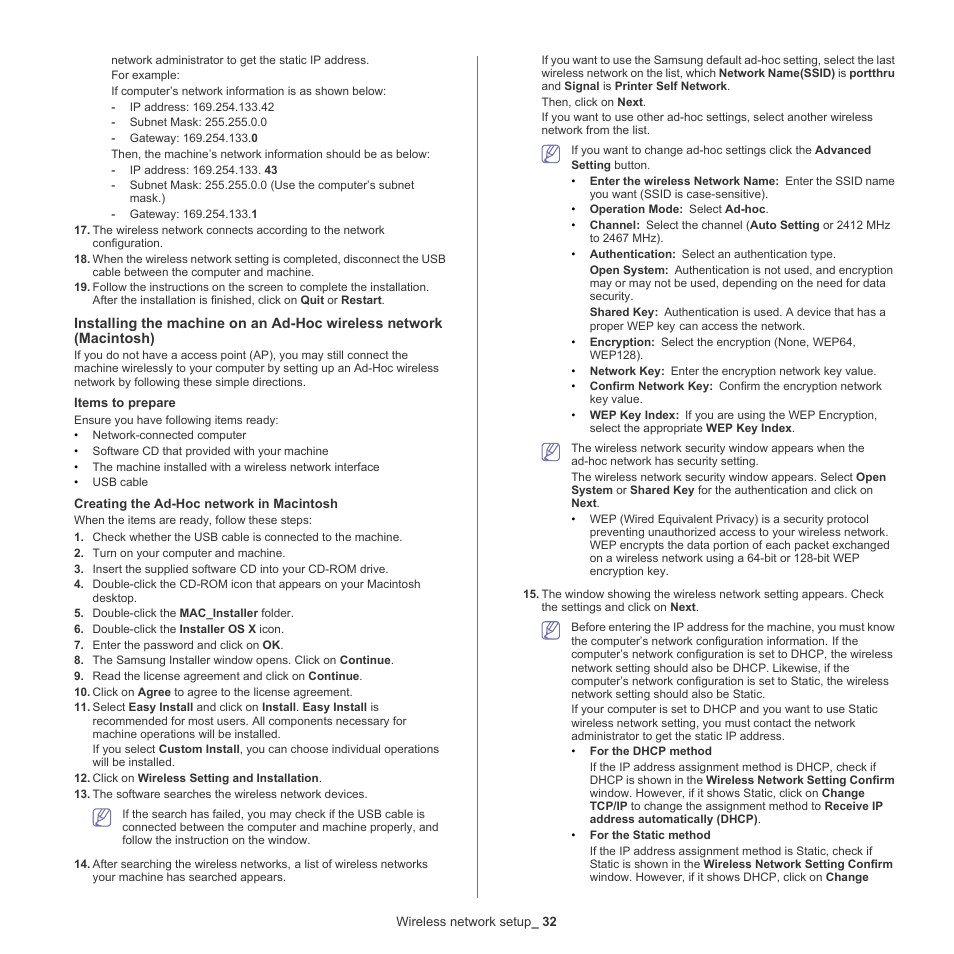 See "installing the machine on an ad-hoc | Samsung ML-186XW User Manual | Page 32 / 75