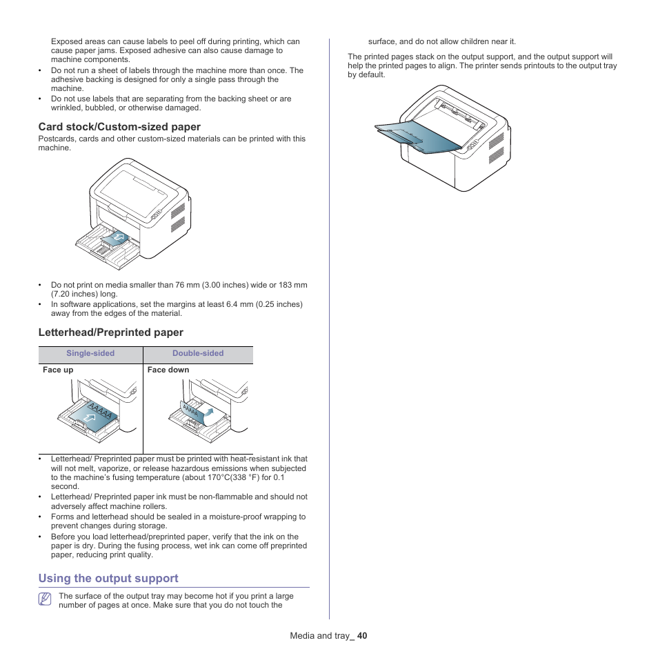 Using the output support, Card stock/custom-sized paper, Letterhead/preprinted paper | Samsung ML-186XW User Manual | Page 40 / 75