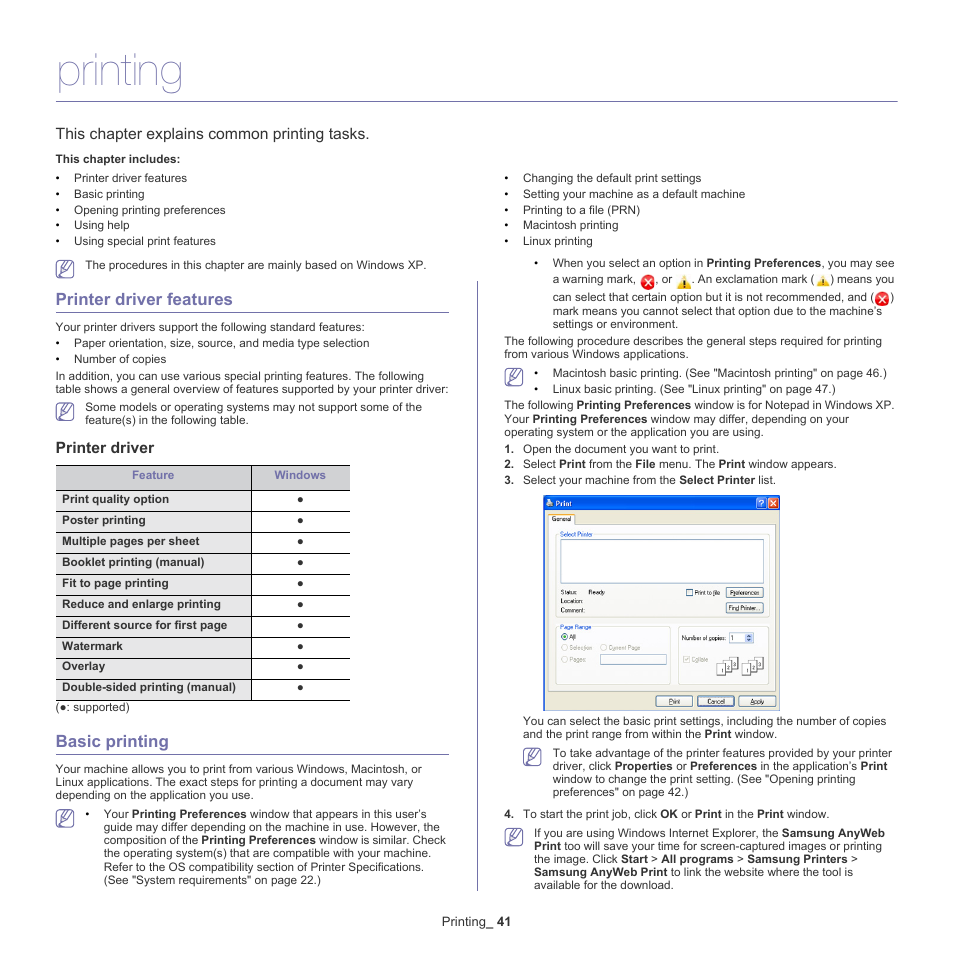 Printing, Printer driver features, Basic printing | This chapter explains common printing tasks, Printer driver | Samsung ML-186XW User Manual | Page 41 / 75