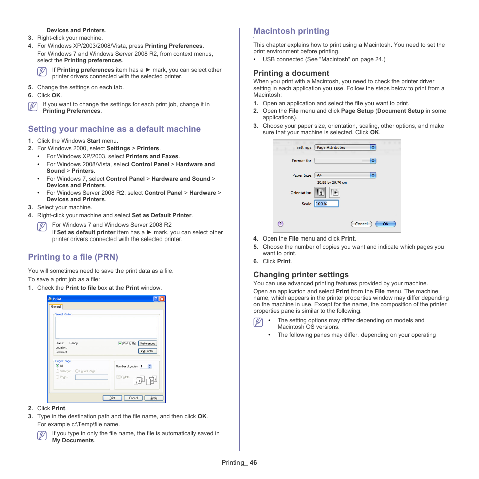 Setting your machine as a default machine, Printing to a file (prn), Macintosh printing | Printing a document, Changing printer settings | Samsung ML-186XW User Manual | Page 46 / 75