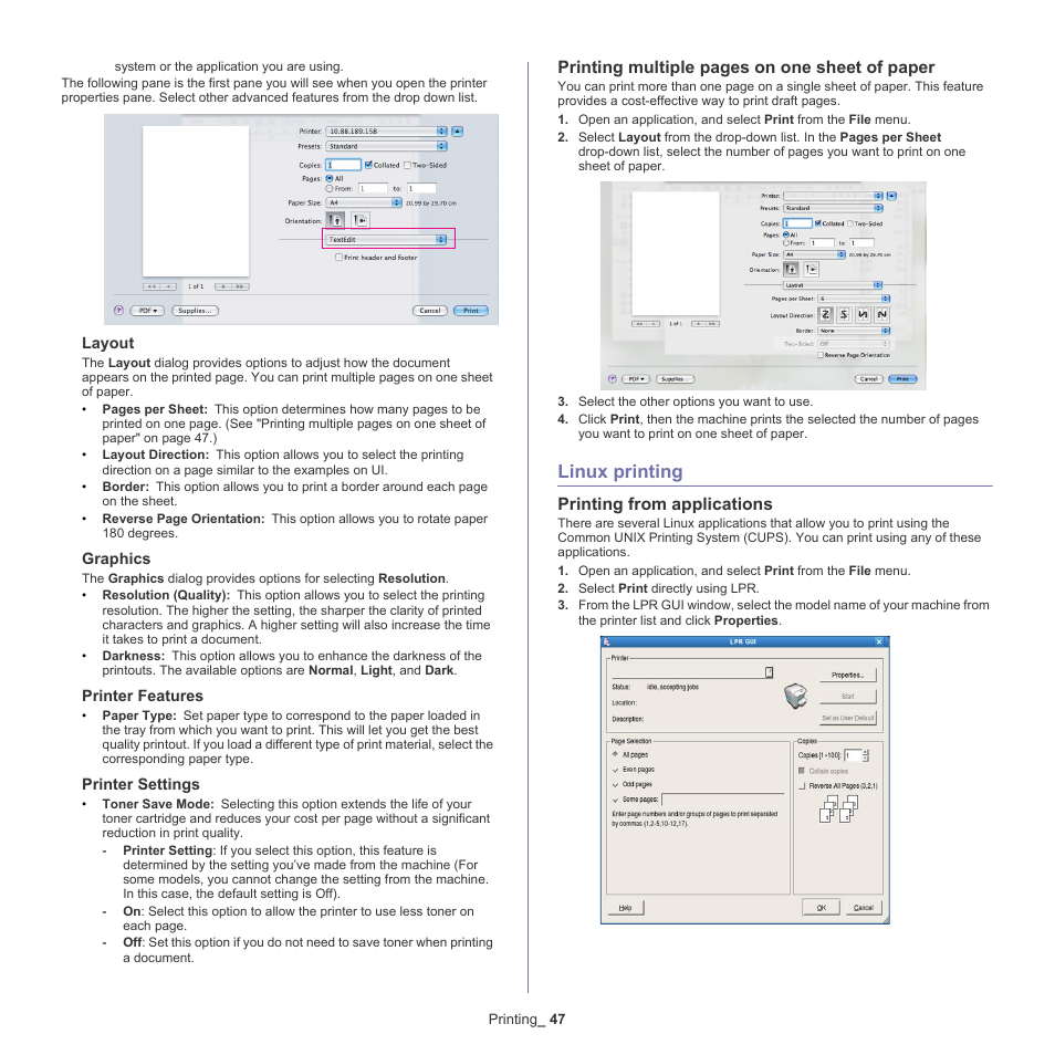 Linux printing, Printing multiple pages on one sheet of paper, Printing from applications | Samsung ML-186XW User Manual | Page 47 / 75