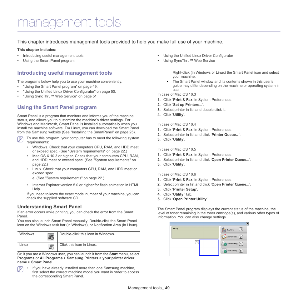 Management tools, Introducing useful management tools, Using the smart panel program | Using the smart panel, Understanding smart panel | Samsung ML-186XW User Manual | Page 49 / 75