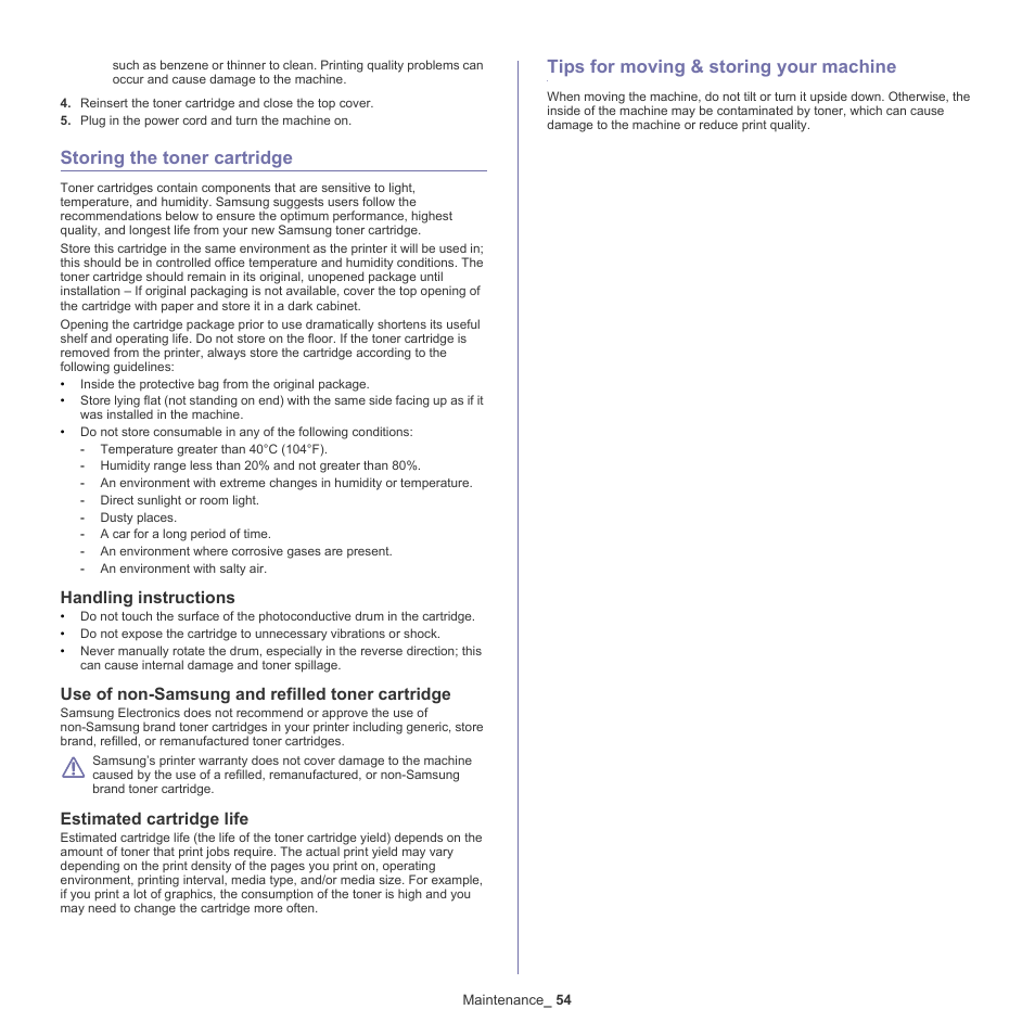 Storing the toner cartridge, Tips for moving & storing your machine, Handling instructions | Use of non-samsung and refilled toner cartridge, Estimated cartridge life | Samsung ML-186XW User Manual | Page 54 / 75