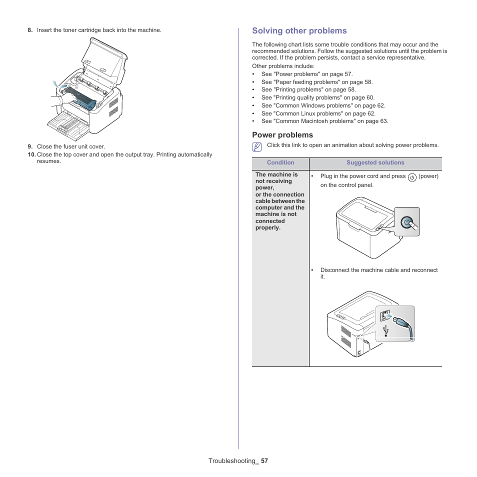 Solving other problems, Power problems | Samsung ML-186XW User Manual | Page 57 / 75