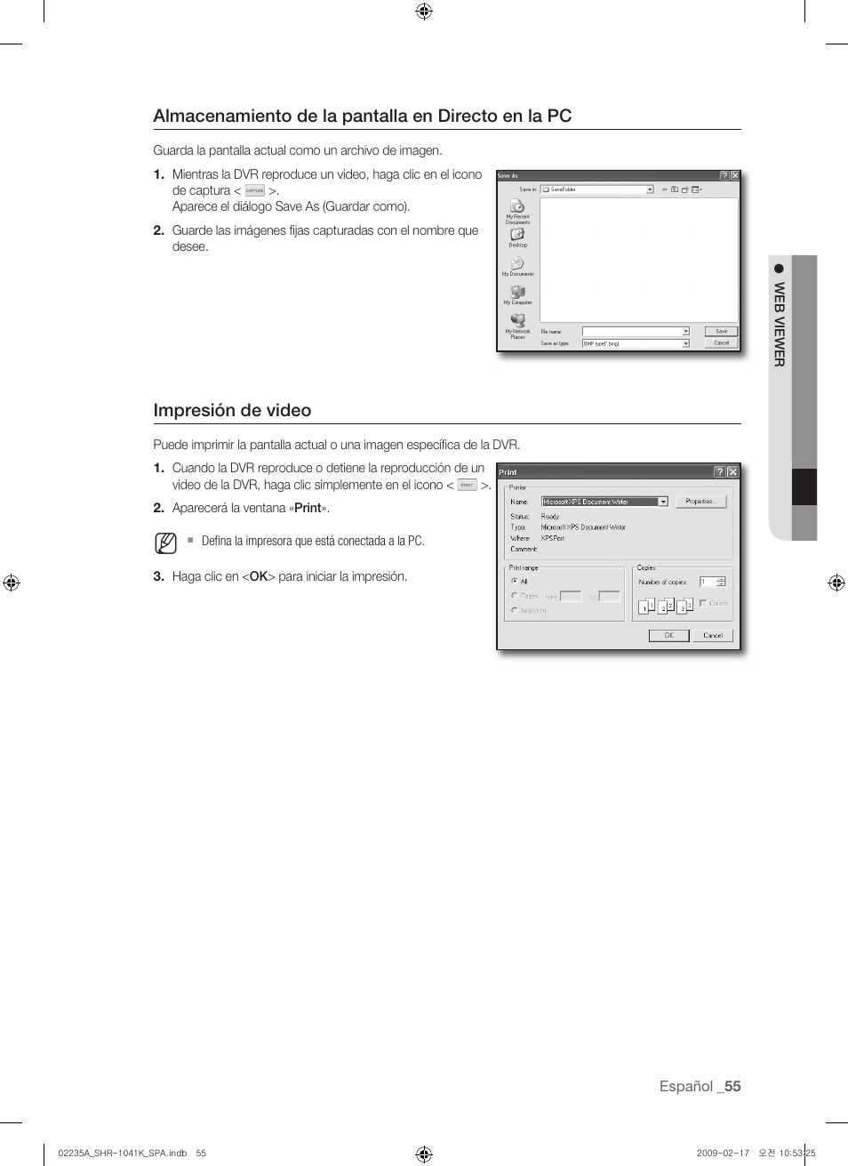 Almacenamiento de la pantalla en directo en la pc, Impresión de video | Samsung SHR-1041 User Manual | Page 171 / 174