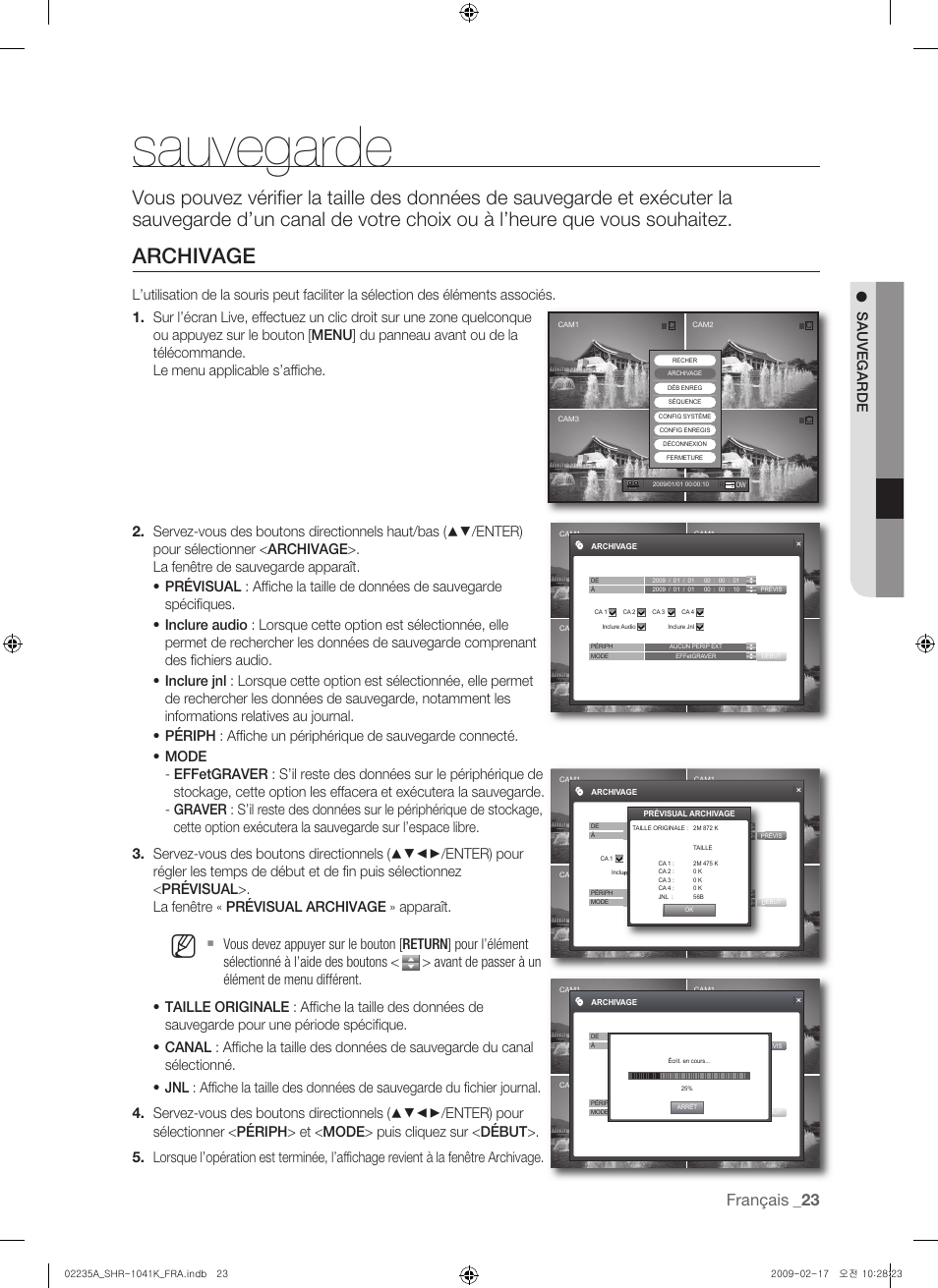 Archivage, Français, Sauvegarde | Cam1 | Samsung SHR-1041 User Manual | Page 81 / 174