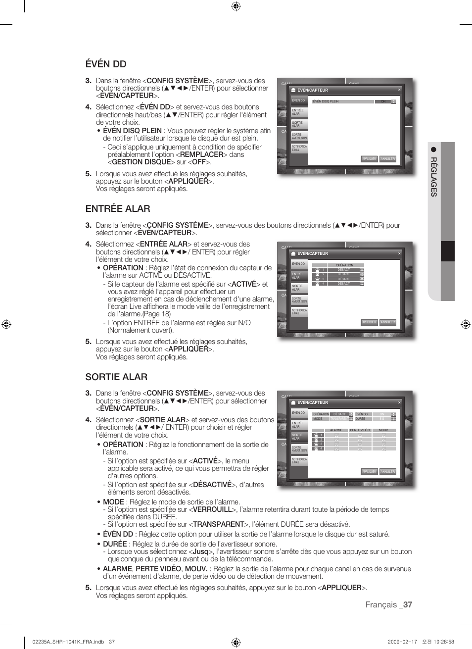 Évén dd, Entrée alar, Sortie alar | Français, Réglages | Samsung SHR-1041 User Manual | Page 95 / 174