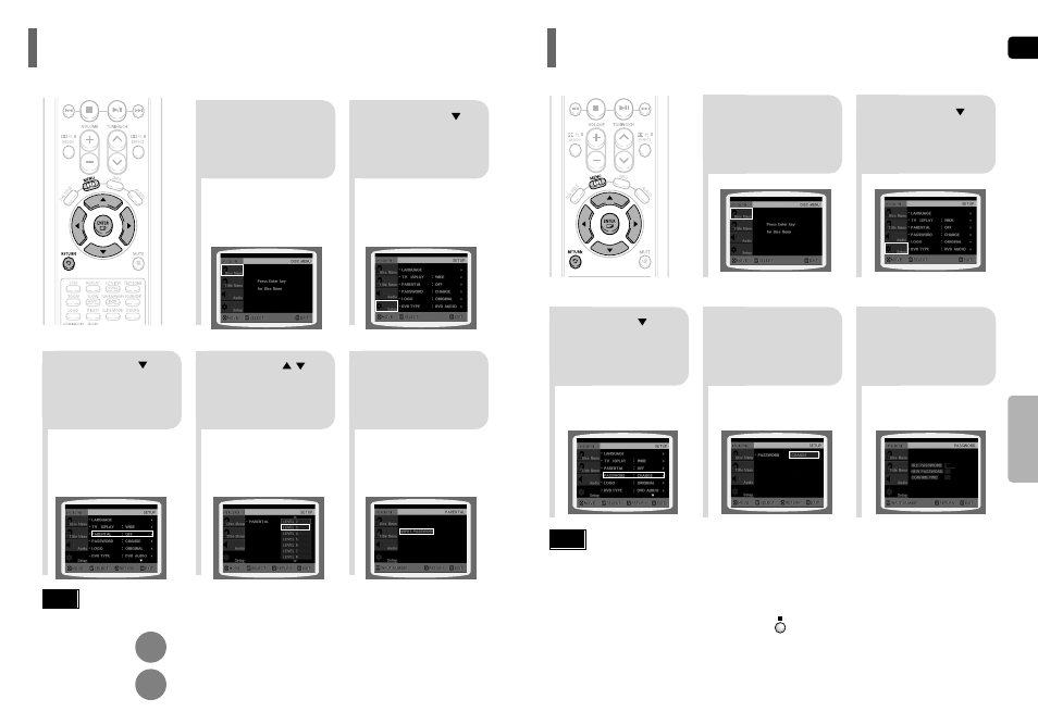 Setting parental controls (rating level), Setting the password | Samsung HT-TP75 User Manual | Page 24 / 40