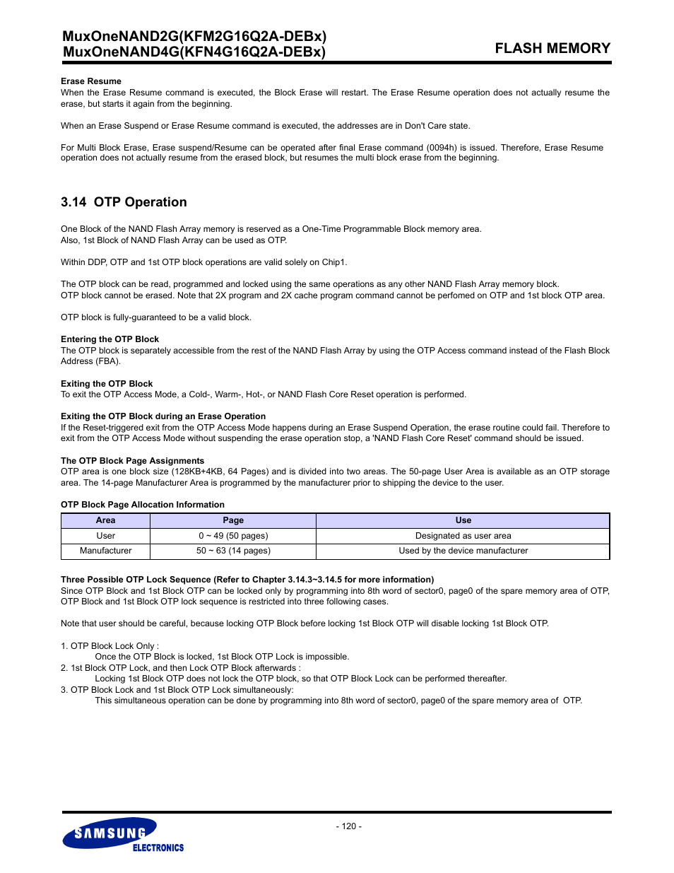 14 otp operation | Samsung MUXONENAND A-DIE KFM2G16Q2A User Manual | Page 120 / 173