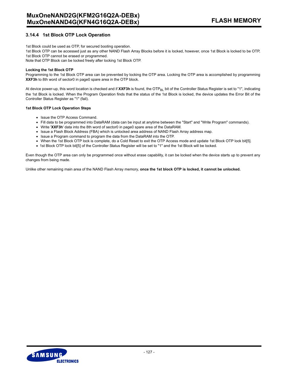 4 1st block otp lock operation | Samsung MUXONENAND A-DIE KFM2G16Q2A User Manual | Page 127 / 173