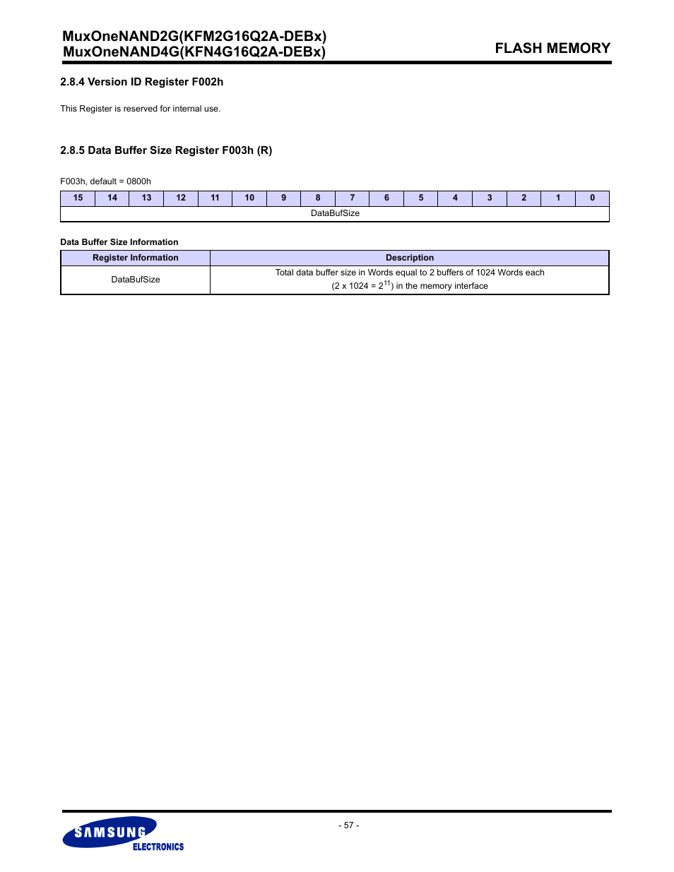 4 version id register f002h, 5 data buffer size register f003h (r) | Samsung MUXONENAND A-DIE KFM2G16Q2A User Manual | Page 57 / 173