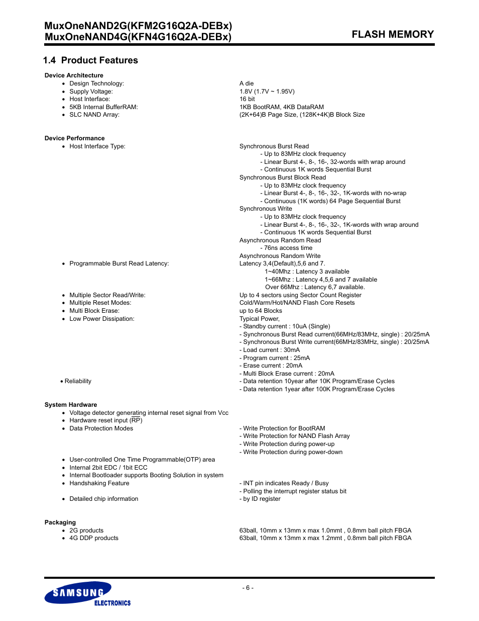 4 product features | Samsung MUXONENAND A-DIE KFM2G16Q2A User Manual | Page 6 / 173