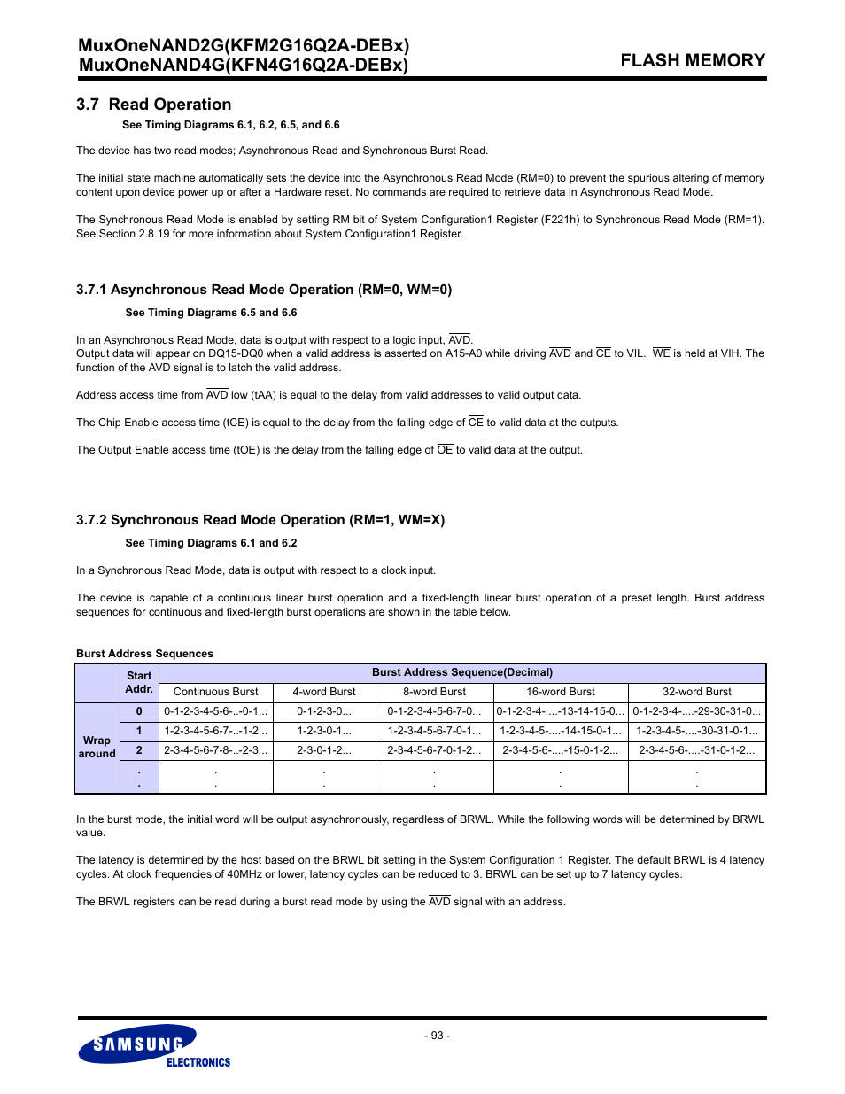 7 read operation, 1 asynchronous read mode operation (rm=0, wm=0), 2 synchronous read mode operation (rm=1, wm=x) | Samsung MUXONENAND A-DIE KFM2G16Q2A User Manual | Page 93 / 173
