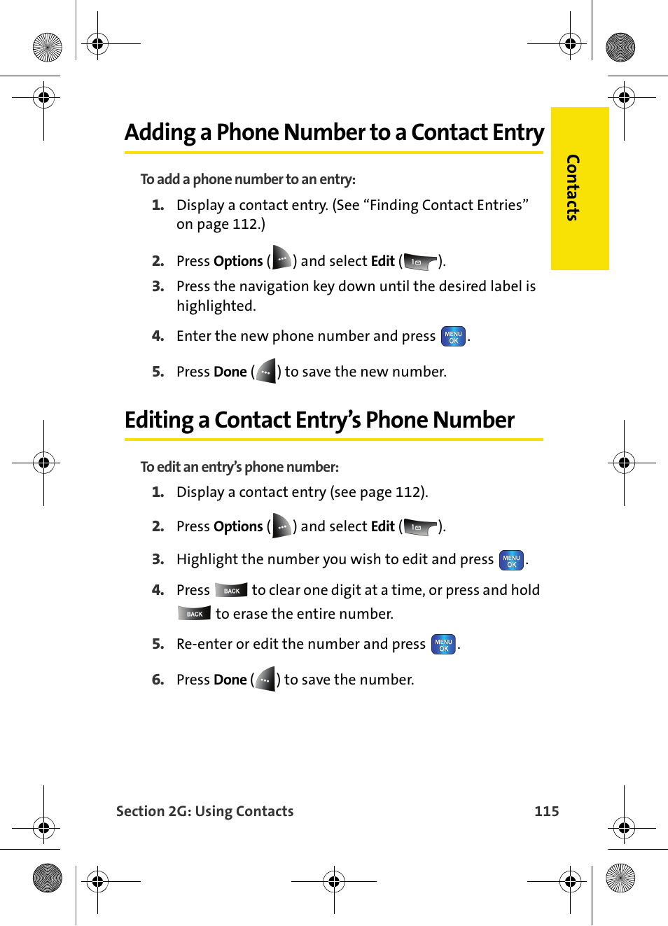 Adding a phone number to a contact entry, Editing a contact entry’s phone number | Samsung VI-A820 User Manual | Page 123 / 256