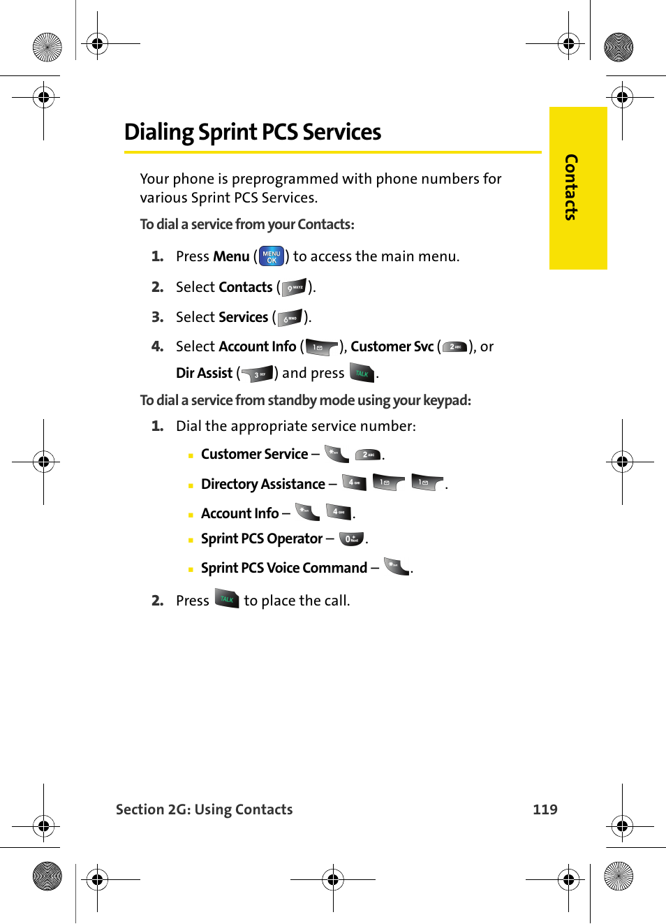 Dialing sprint pcs services, Co n ta ct s | Samsung VI-A820 User Manual | Page 127 / 256