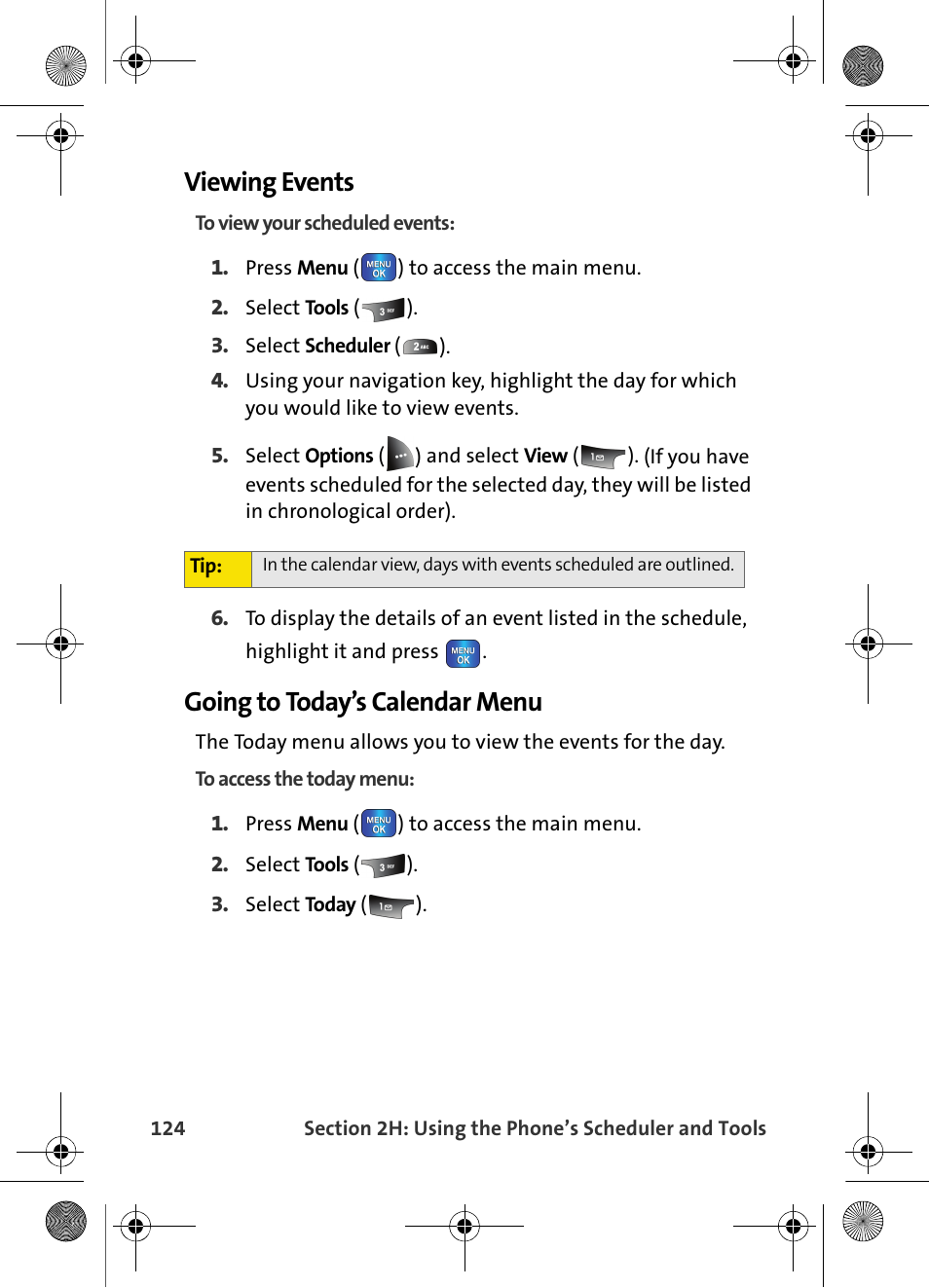 Viewing events, Going to today’s calendar menu | Samsung VI-A820 User Manual | Page 132 / 256