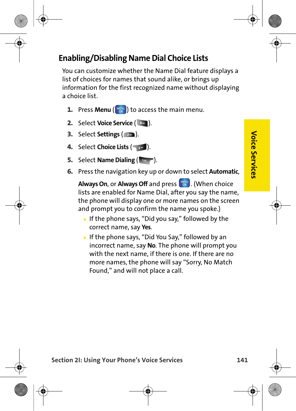 Enabling/disabling name dial choice lists | Samsung VI-A820 User Manual | Page 149 / 256