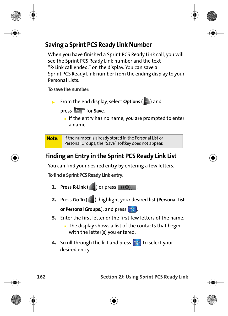 Saving a sprint pcs ready link number, Finding an entry in the sprint pcs ready link list | Samsung VI-A820 User Manual | Page 170 / 256