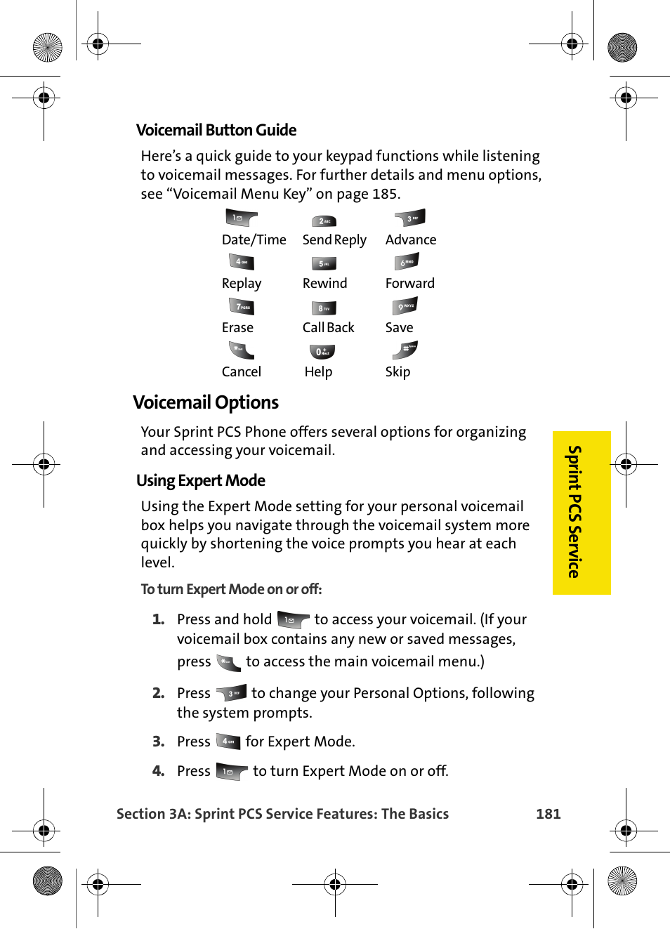 Voicemail options, Sp rin t pcs s e rv ic e | Samsung VI-A820 User Manual | Page 189 / 256