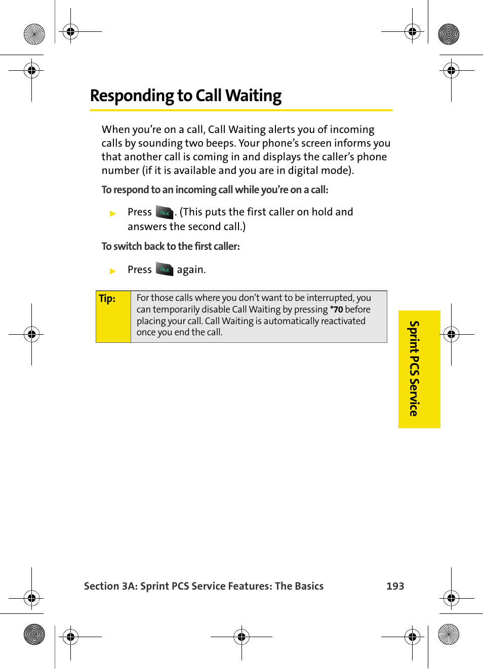 Responding to call waiting, Sp rin t pcs s e rv ic e | Samsung VI-A820 User Manual | Page 201 / 256