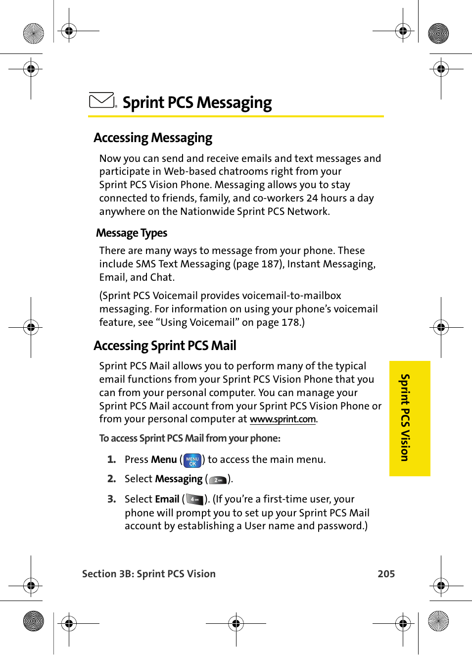 Sprint pcs messaging, Accessing messaging, Accessing sprint pcs mail | Samsung VI-A820 User Manual | Page 213 / 256