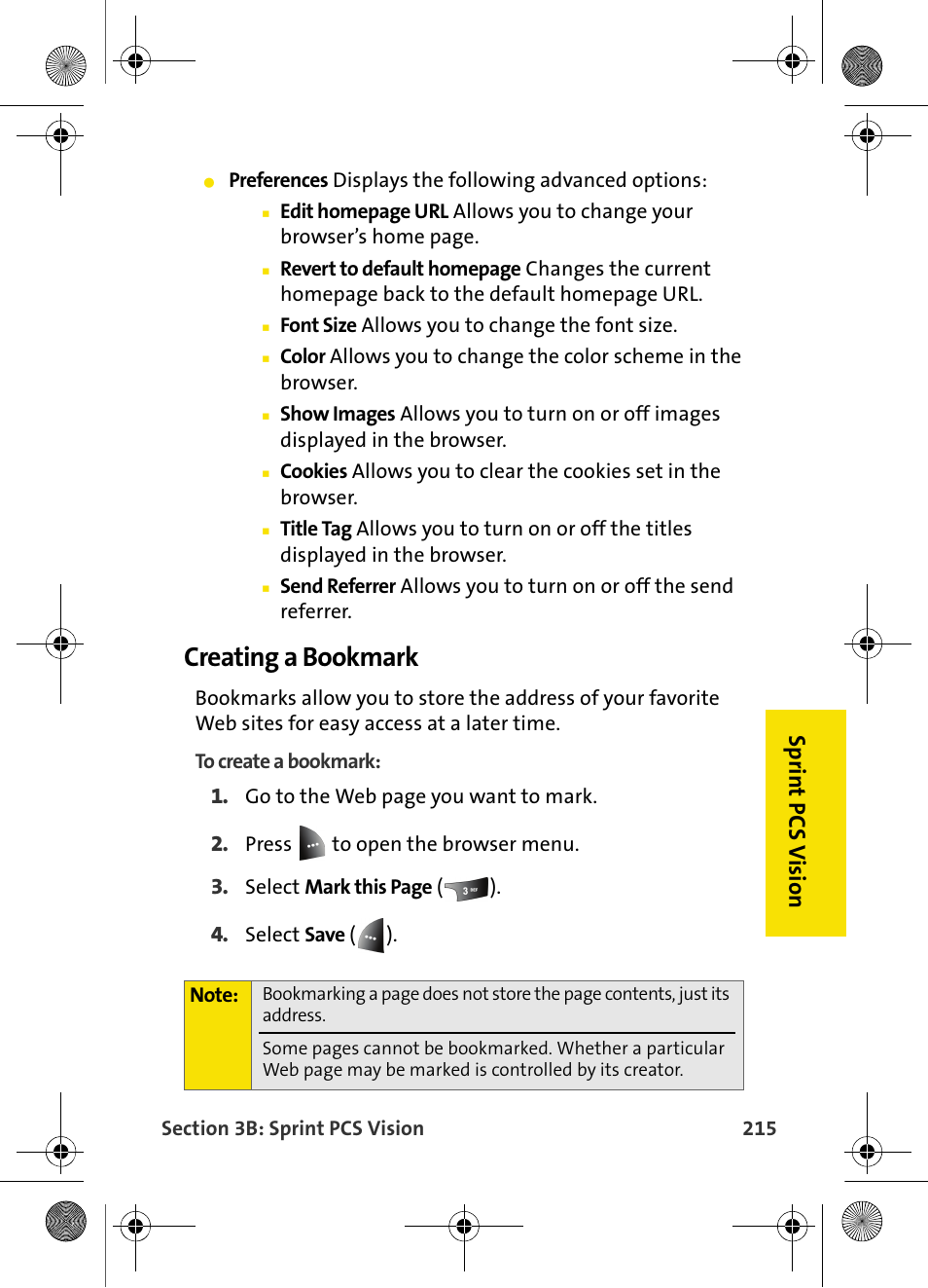 Creating a bookmark, Sp rint pc s v isio n | Samsung VI-A820 User Manual | Page 223 / 256