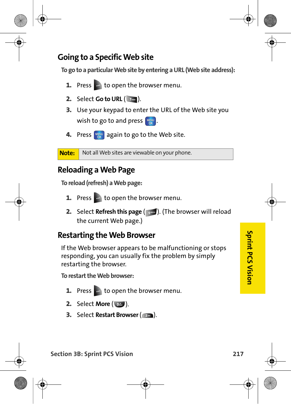 Going to a specific web site, Restarting the web browser, Reloading a web page | Samsung VI-A820 User Manual | Page 225 / 256
