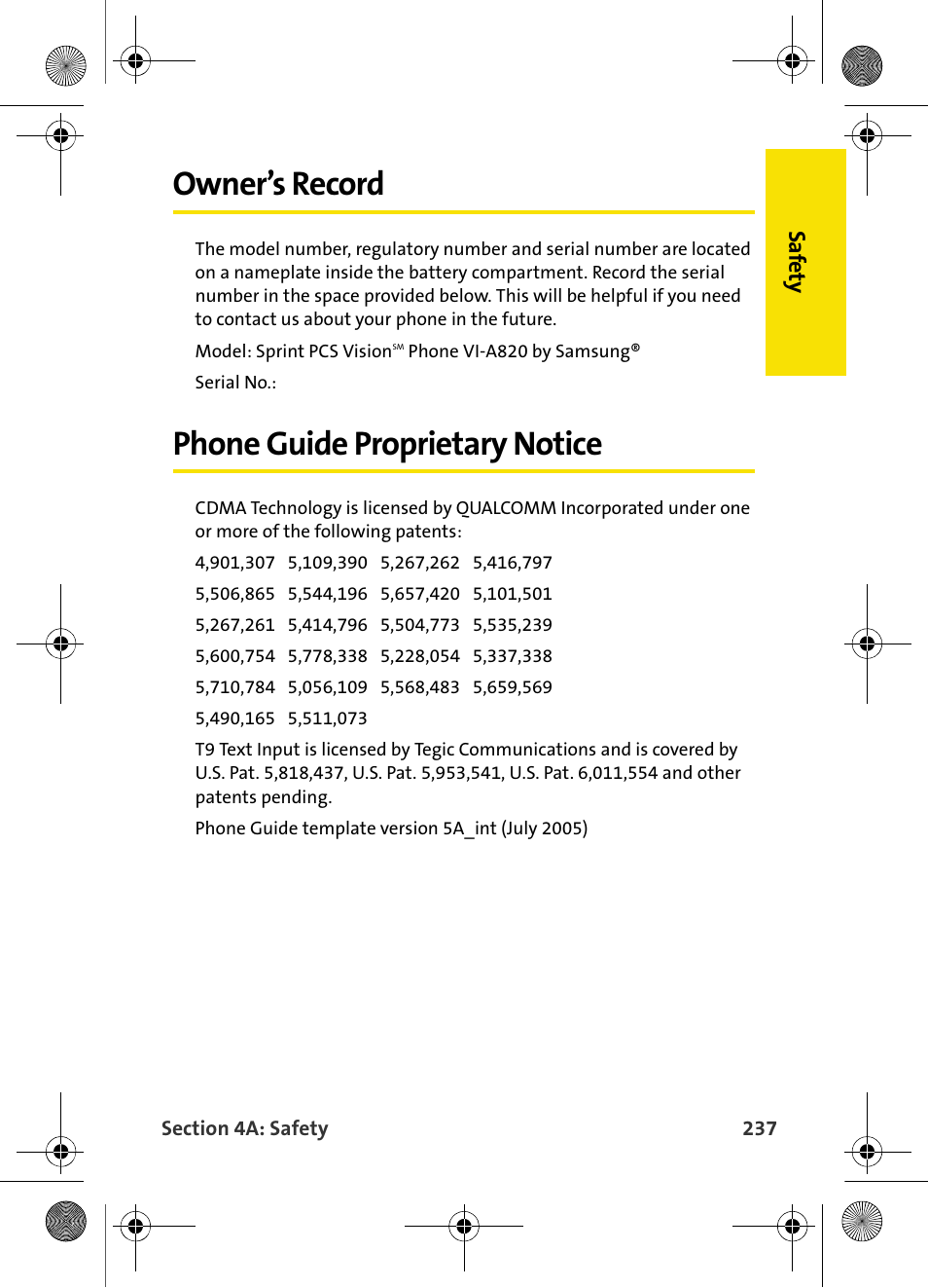 Owner’s record, Phone guide proprietary notice, Saf ety | Samsung VI-A820 User Manual | Page 245 / 256