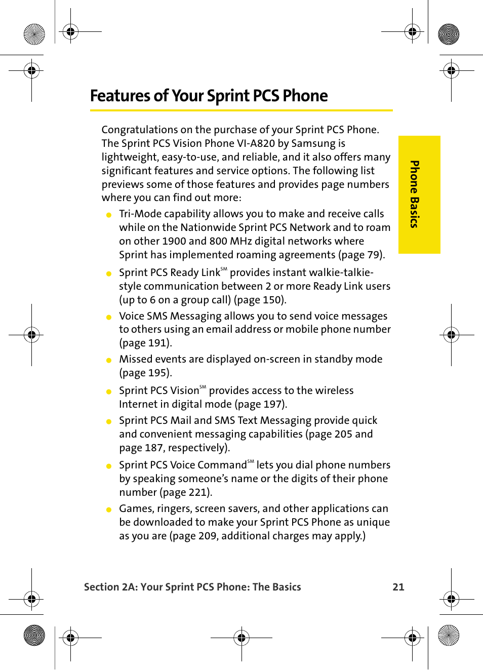 Features of your sprint pcs phone, Phone basics | Samsung VI-A820 User Manual | Page 29 / 256