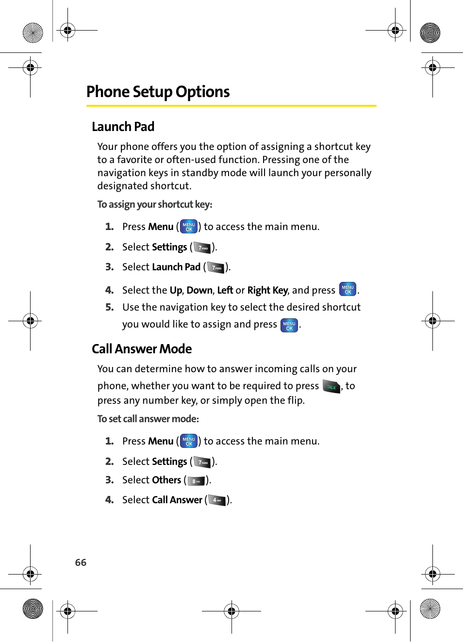 Phone setup options, Launch pad, Call answer mode | Samsung VI-A820 User Manual | Page 74 / 256