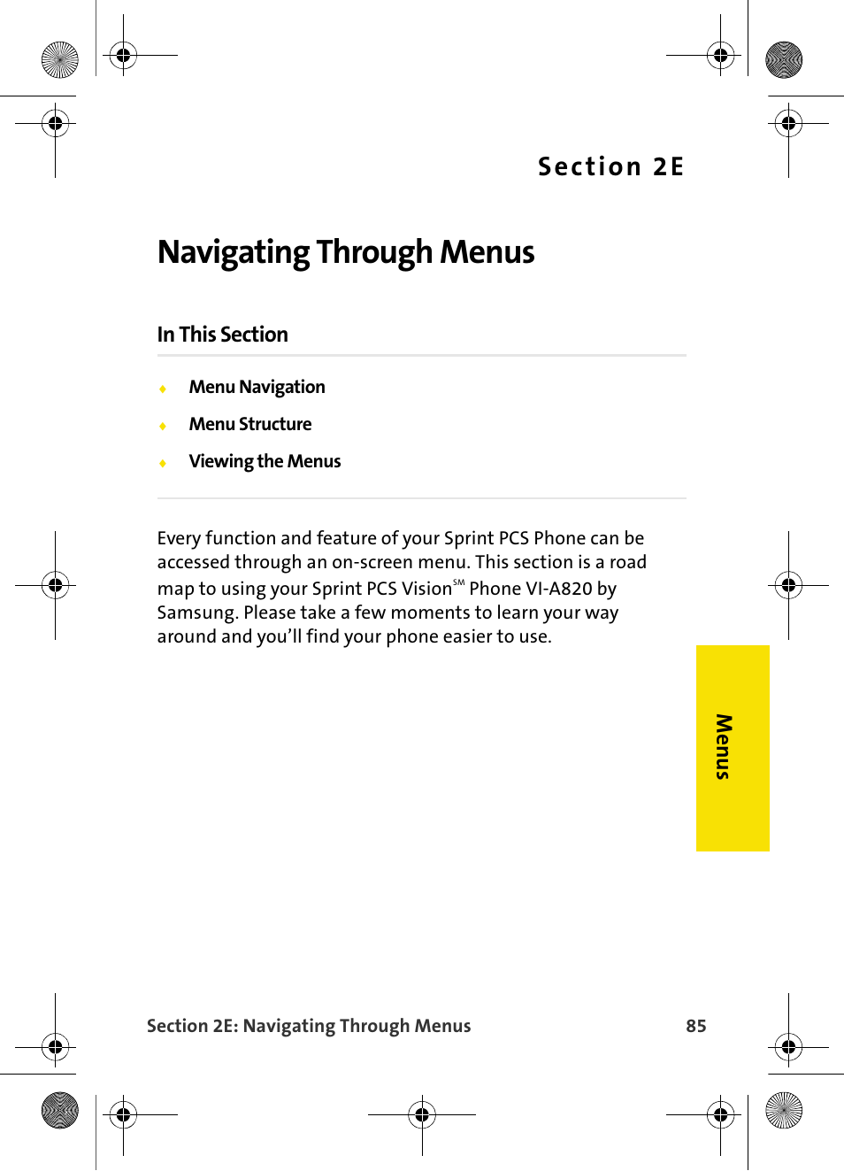 Navigating through menus, 2e. navigating through menus, Me nus | Samsung VI-A820 User Manual | Page 93 / 256