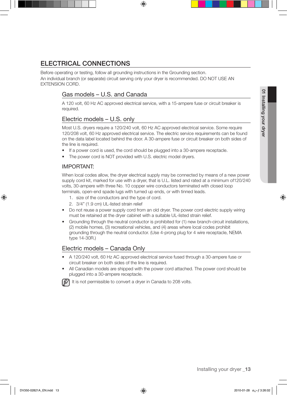 Electrical connections, Gas models – u.s. and canada, Electric models – u.s. only | Electric models – canada only | Samsung DV350AG* User Manual | Page 13 / 38