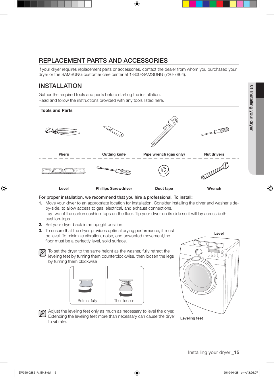 Replacement parts and accessories, Installation | Samsung DV350AG* User Manual | Page 15 / 38