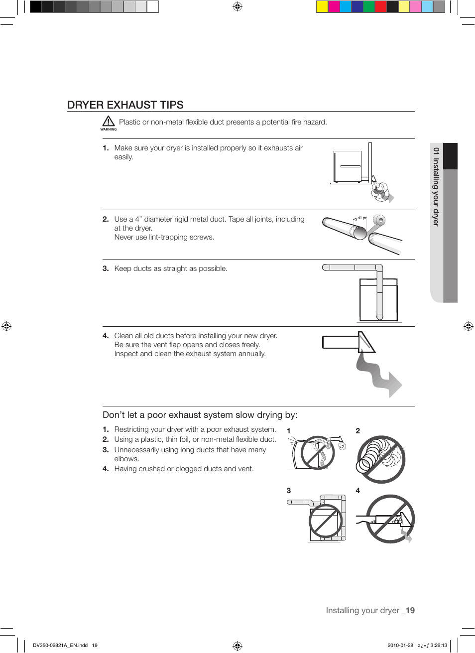 Dryer exhaust tips | Samsung DV350AG* User Manual | Page 19 / 38