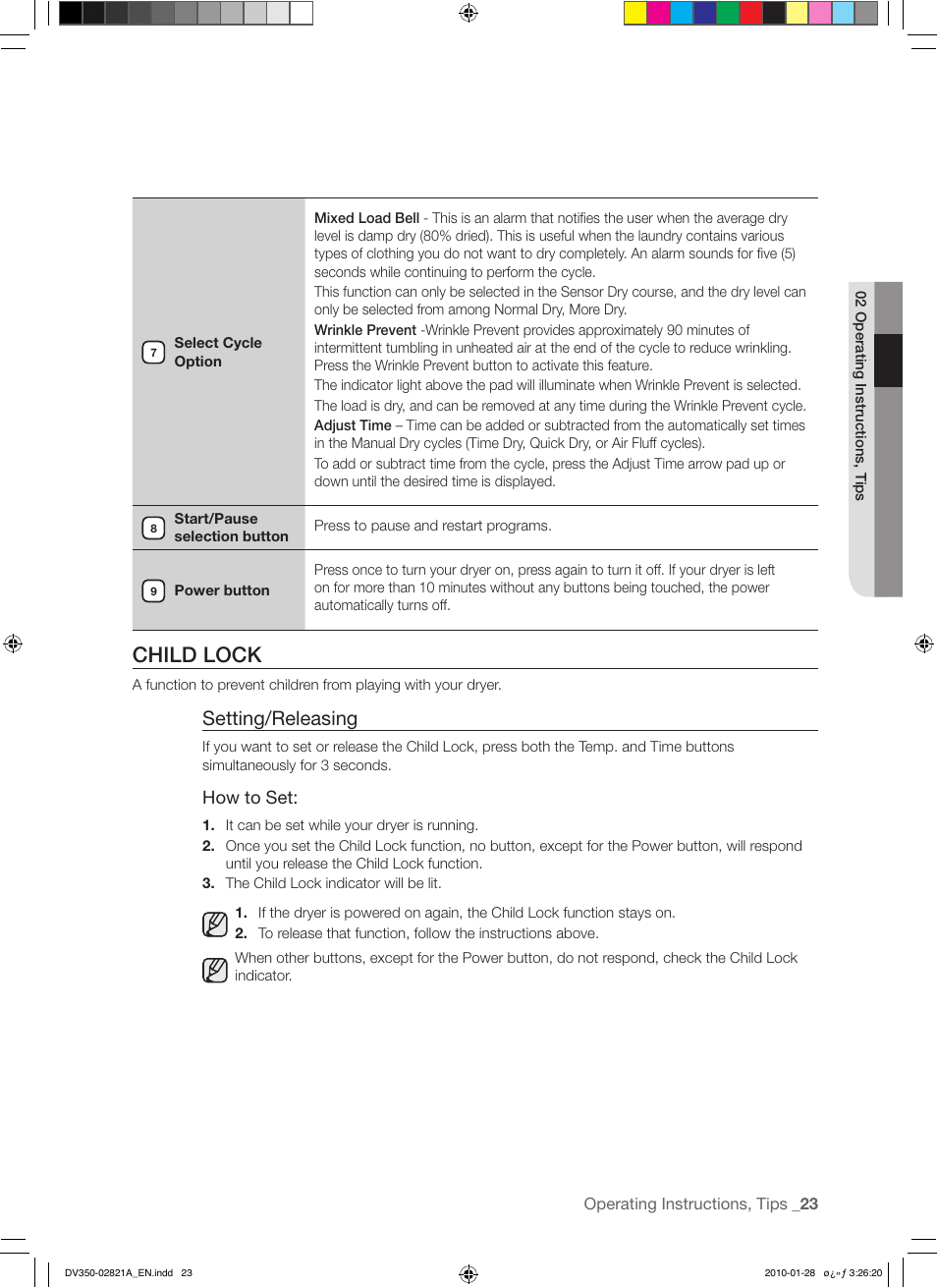 Child lock, Setting/releasing | Samsung DV350AG* User Manual | Page 23 / 38