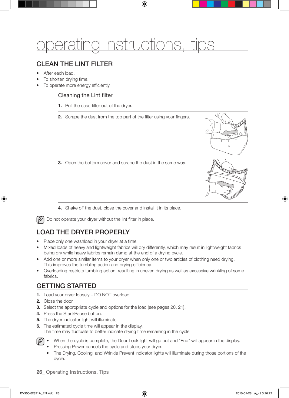 Operating instructions, tips, Clean the lint filter, Load the dryer properly | Getting started | Samsung DV350AG* User Manual | Page 26 / 38