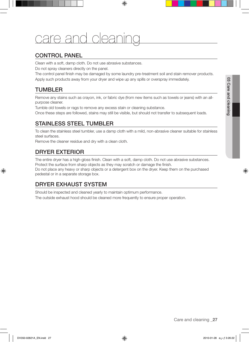 Care and cleaning | Samsung DV350AG* User Manual | Page 27 / 38