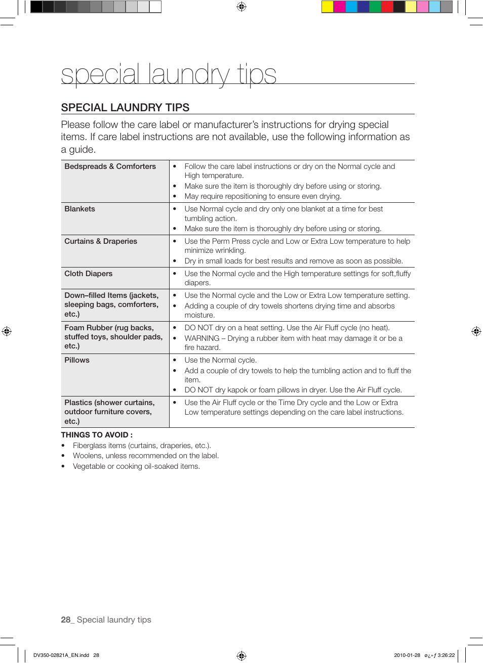 Special laundry tips | Samsung DV350AG* User Manual | Page 28 / 38