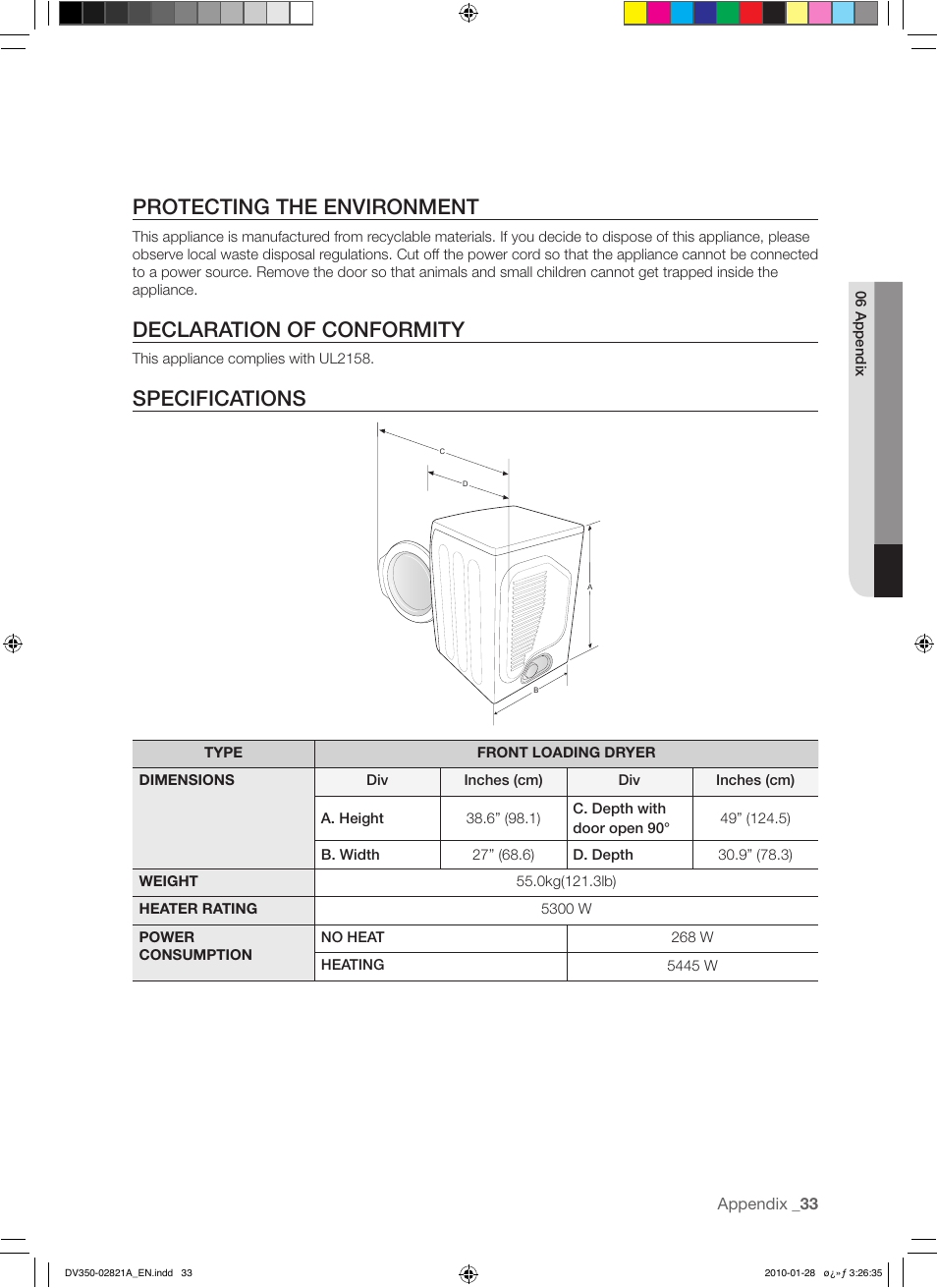 Protecting the environment, Declaration of conformity, Specifications | Samsung DV350AG* User Manual | Page 33 / 38
